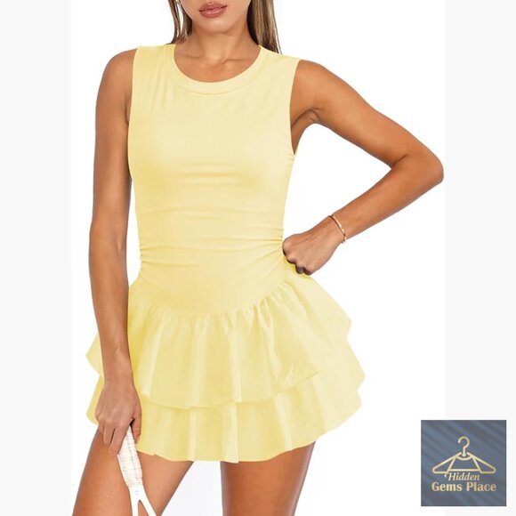 Dresses & Skirts - Slim Fit Tennis Dress with Built-in Shorts, Ruffle Pleats, Keyhole Back